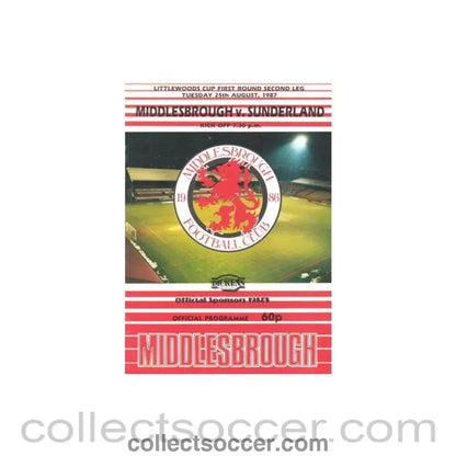 1987 - Middlesbrough v Sunderland official programme 25/08/1987 Littlewoods Cup - Collect Soccer