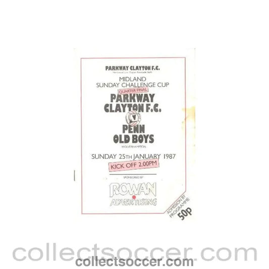 1987 - Parkway Clayton v Penn Old Boys official programme 25/01/1987, reduced price - Collect Soccer