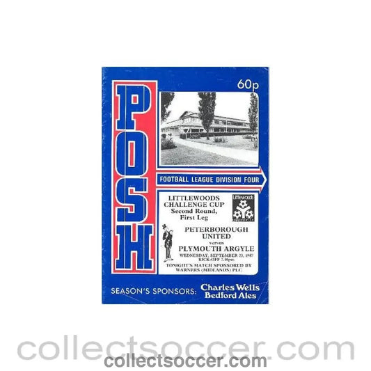 1987 - Peterborough United v Plymouth Argyle official programme 23/09/1987 Littlewoods Cup - Collect Soccer