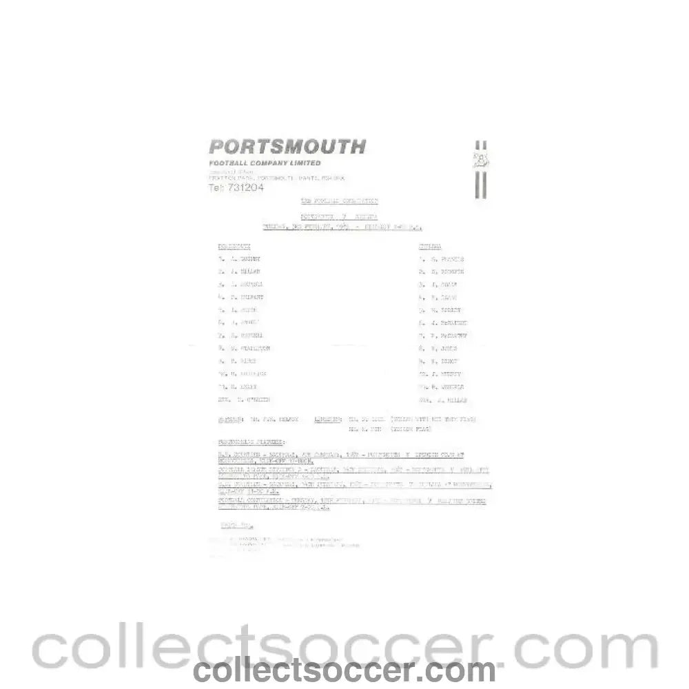 1987 - Portsmouth v Chelsea official teamsheet 03/02/1987 - Collect Soccer