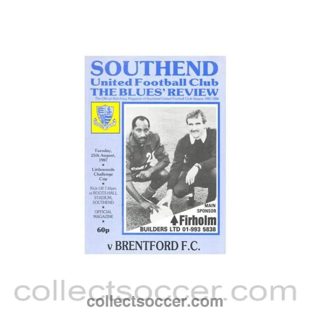 1987 - Southend United v Brentford official programme 25/08/1987 Littlewoods Cup - Collect Soccer