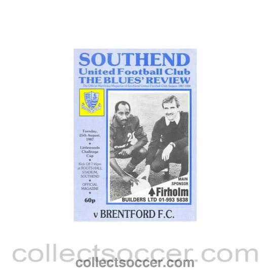 1987 - Southend United v Brentford official programme 25/08/1987 Littlewoods Cup - Collect Soccer