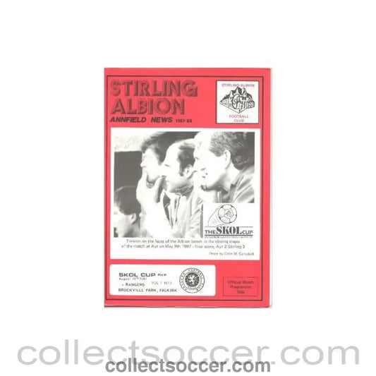 1987 - Stirling Albion v Glasgow Rangers official programme 19/08/1987 Skol Cup - Collect Soccer