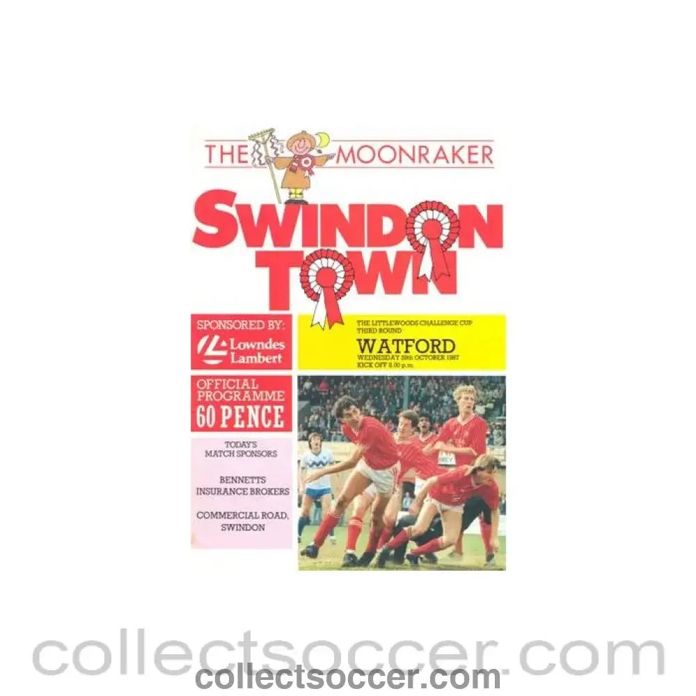 1987 - Swindon Town v Watford official programme 28/10/1987 Littlewoods Cup - Collect Soccer