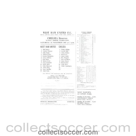 1987 - West Ham United v Chelsea official teamsheet 14/11/1987 - Collect Soccer