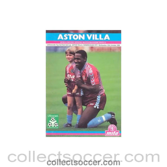 1988 - Aston Villa v Birmingham City official programme 12/10/1988 Littlewoods Cup - Collect Soccer