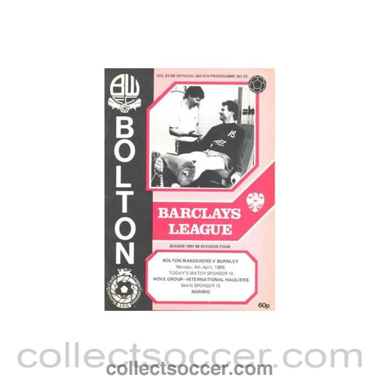 1988 - Bolton Wanderers v Burnley official programme 04/04/1988 Football League