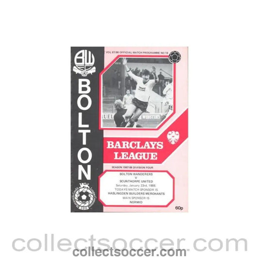 1988 - Bolton Wanderers v Scanthorpe United official programme 23/01/1988 Football League - Collect Soccer