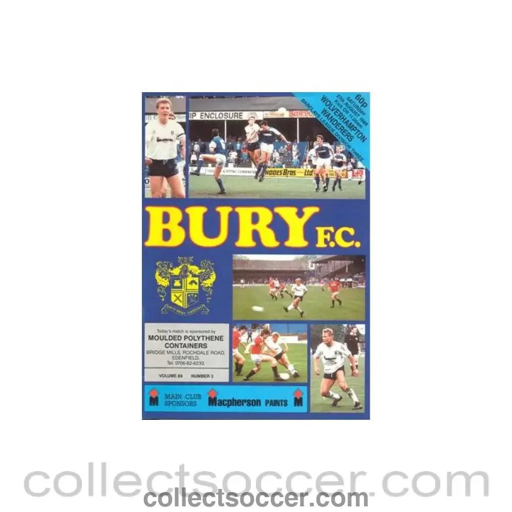 1988 - Bury v Wolverhampton Wanderers official programme 27/08/1988 Football League - Collect Soccer