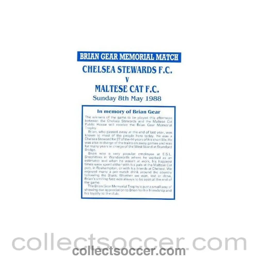 1988 - Chelsea Stewards v Maltese Cat official programme 08/05/1988 - Collect Soccer