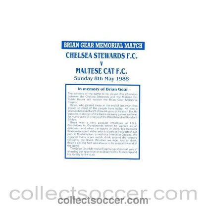 1988 - Chelsea Stewards v Maltese Cat official programme 08/05/1988 - Collect Soccer