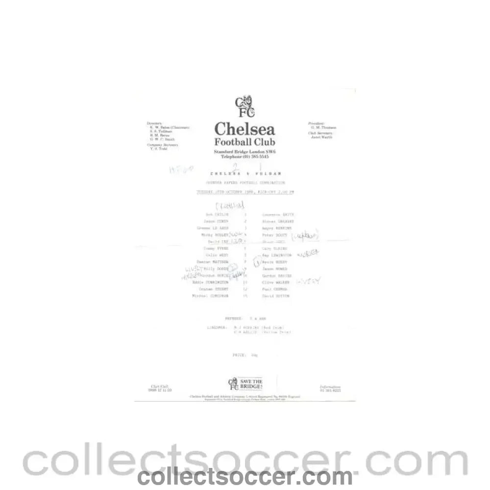 1988 - Chelsea v Fulham Reserves official teamsheet 18/10/1988 Football Combination - Collect Soccer