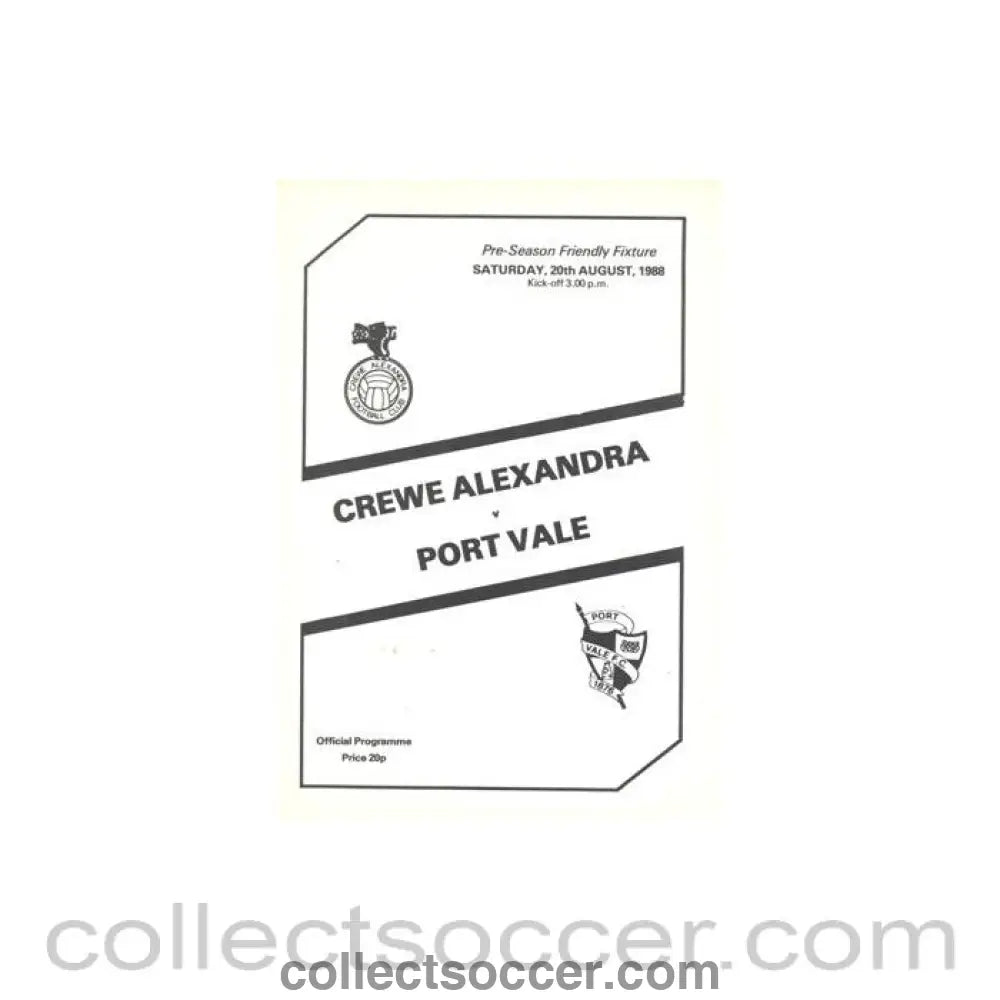1988 - Crewe Alexandra v Port Vale official programme 20/08/1988 Pre - Season Friendly - Collect Soccer