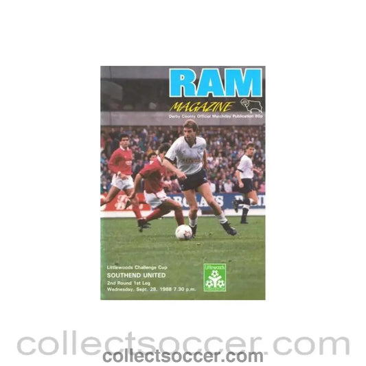 1988 - Derby County v Southend United official programme 28/09/1988 Littlewoods Cup - Collect Soccer