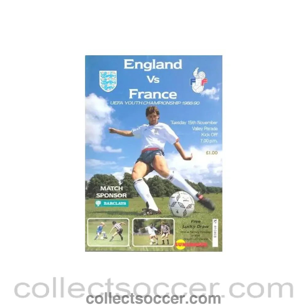 1988 England v France official programme 15/11/1988 Youth Championship 1988 - 90 - Collect Soccer