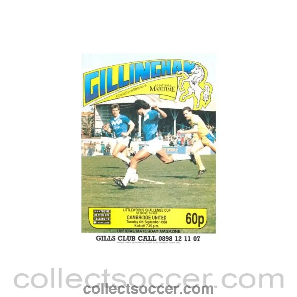 1988 - Gillingham v Cambridge United official programme 06/09/1988 Littlewoods Cup - Collect Soccer