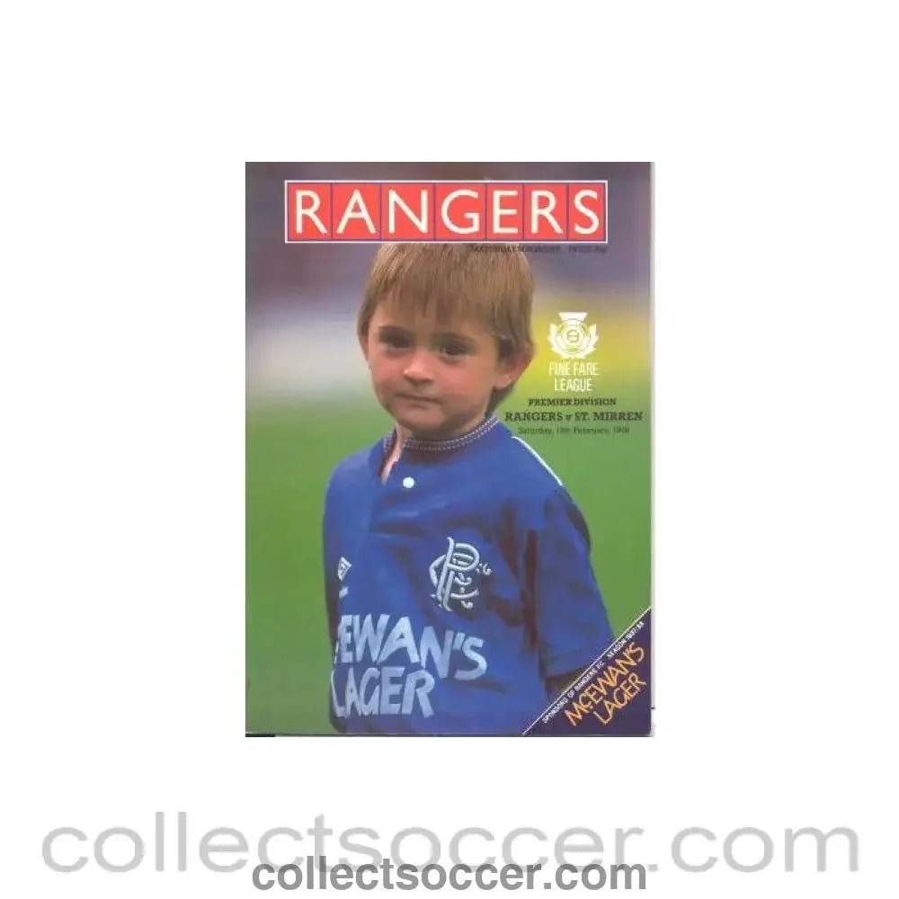 1988 - Glasgow Rangers v St. Mirren official programme 13/02/1988 Fine Fare League - Collect Soccer