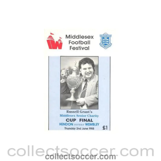 1988 - Hendon v Wembley official programme 02/06/1988 Russel Grant's Middlesex Senior Charity Cup Final - Collect Soccer