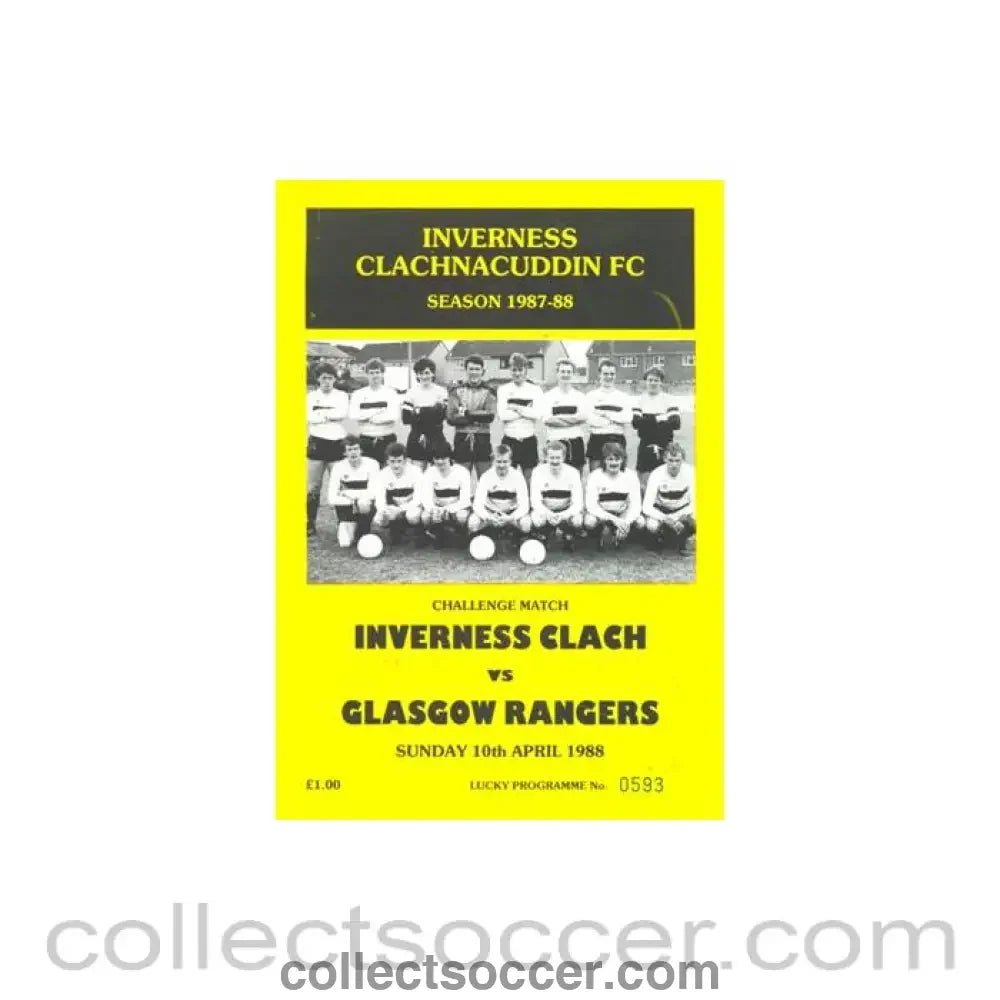 1988 - Inverness Clachnacuddin v Glasgow Rangers official programme 10/04/1988 Challenge Match - Collect Soccer