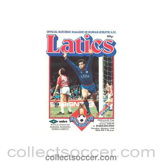 1988 - Oldham Athletic v Darlington official programme 11/10/1988 Littlewoods Cup - Collect Soccer