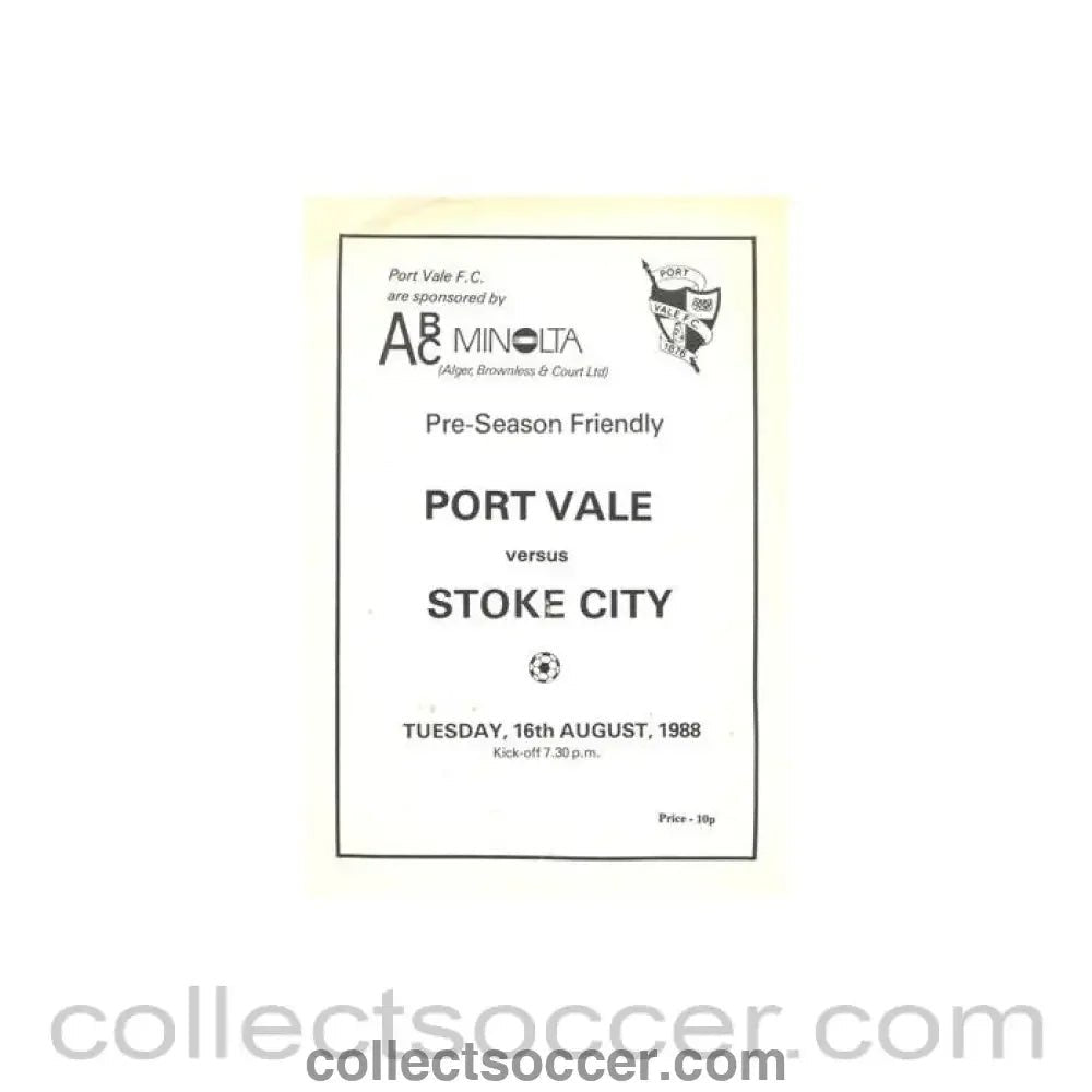 1988 - Port Vale v Stoke City official programme 16/08/1988 Pre - Season Friendly - Collect Soccer