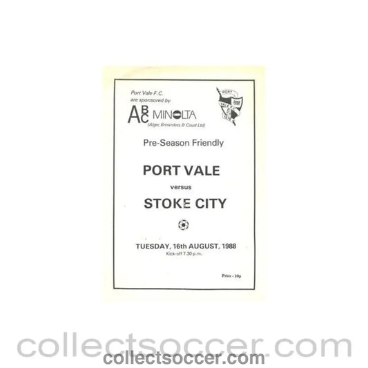 1988 - Port Vale v Stoke City official programme 16/08/1988 Pre - Season Friendly - Collect Soccer