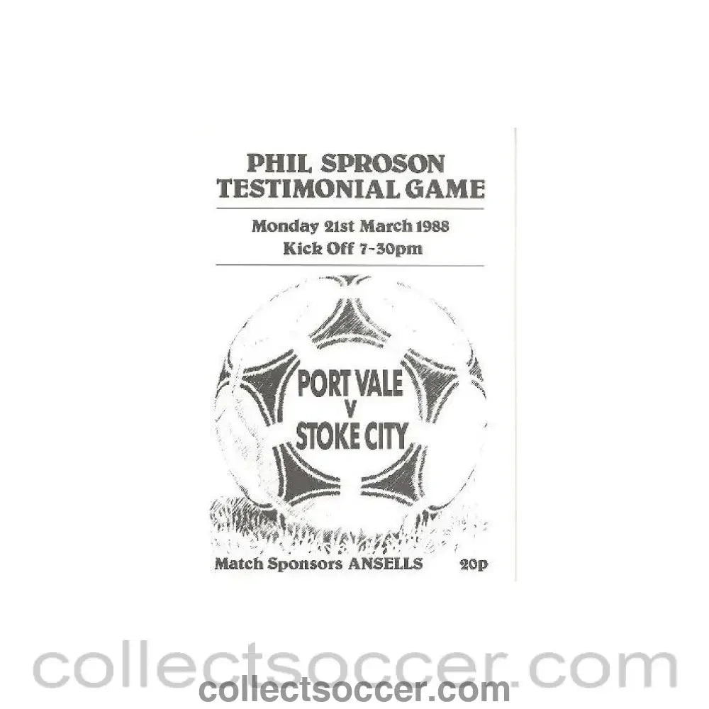 1988 - Port Vale v Stoke City official programme 21/03/1988 Phil Sproson Testimonial Game - Collect Soccer