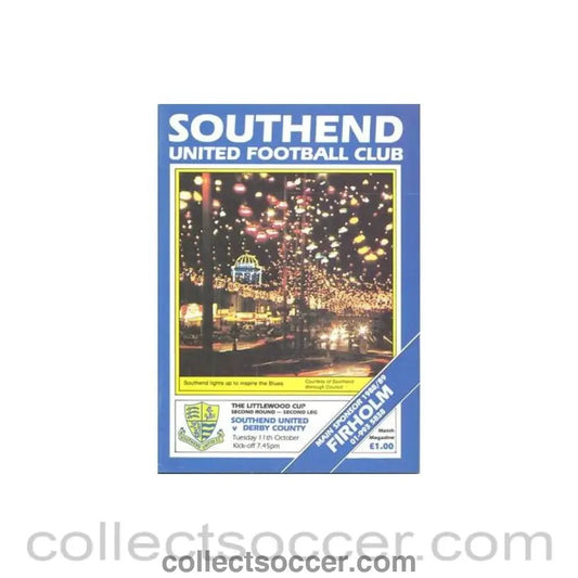 1988 - Southend United v Derby County official programme 11/10/1988 Littlewoods Cup - Collect Soccer