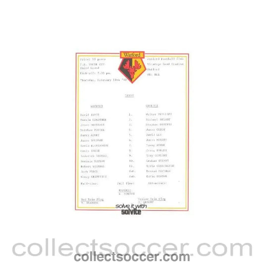 1988 - Watford v Chelsea official teamsheet 18/02/1988