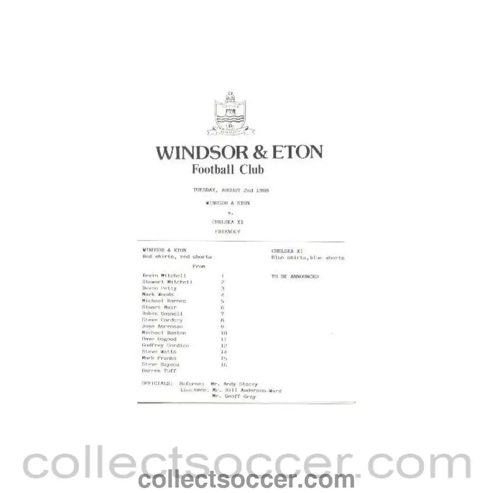 1988 - Windsor & Eton vChelsea XI official programme 02/08/1988 friendly match