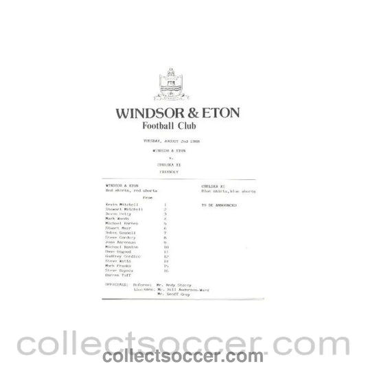 1988 - Windsor & Eton vChelsea XI official programme 02/08/1988 friendly match