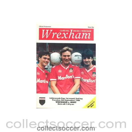 1988 - Wrexham v Bury official programme 06/09/1988 Littlewoods Cup - Collect Soccer