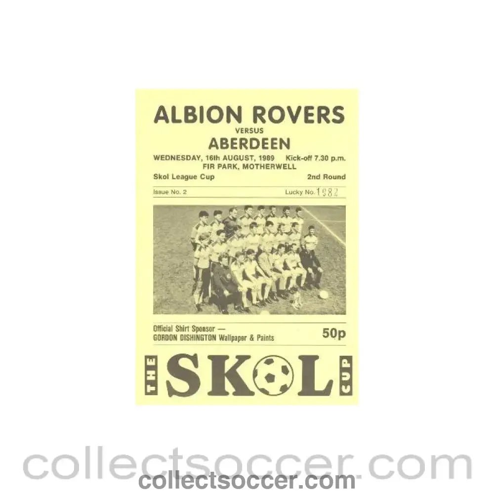 1989 - Albion Rovers v Aberdeen official programme 16/08/1989 Skol League Cup - Collect Soccer