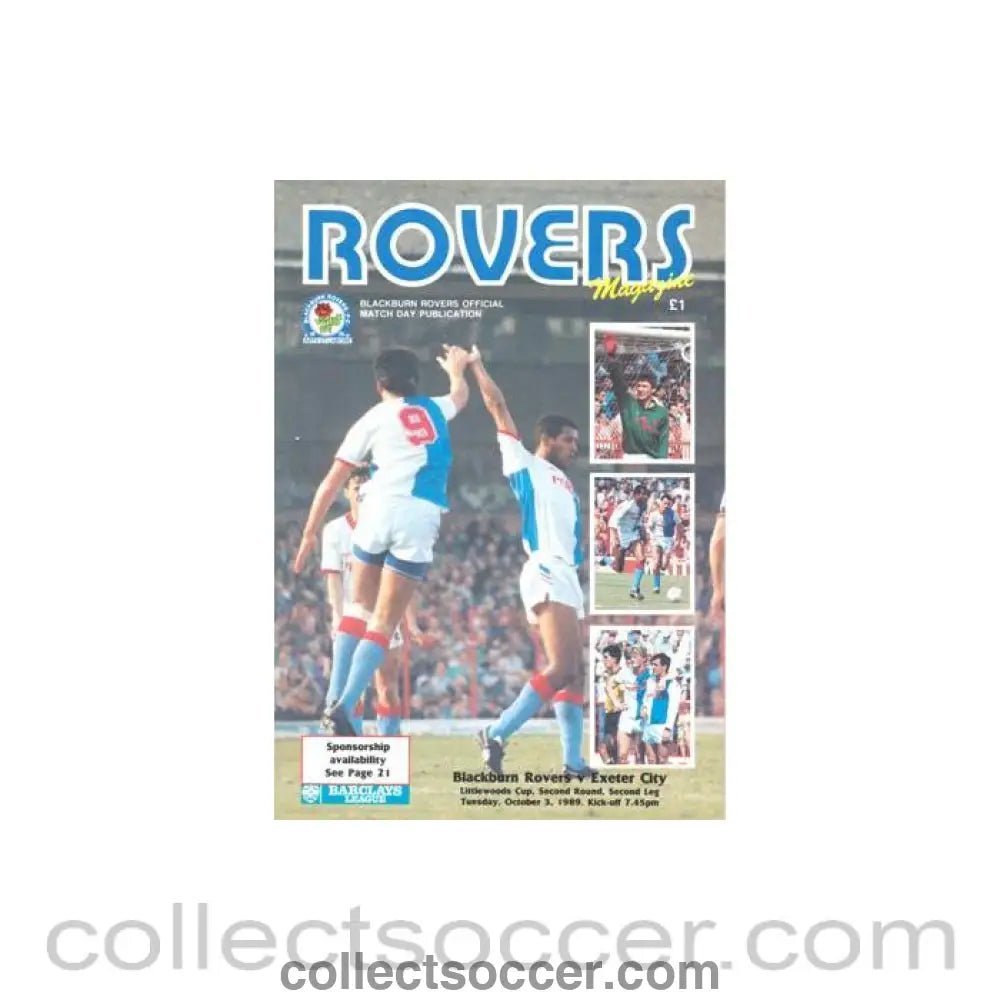 1989 - Blackburn Rovers v Exeter City official programme 03/10/1989 Littlewoods Cup - Collect Soccer