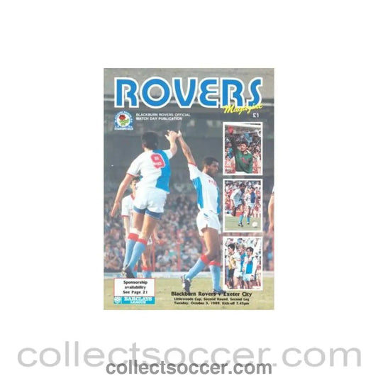 1989 - Blackburn Rovers v Exeter City official programme 03/10/1989 Littlewoods Cup - Collect Soccer