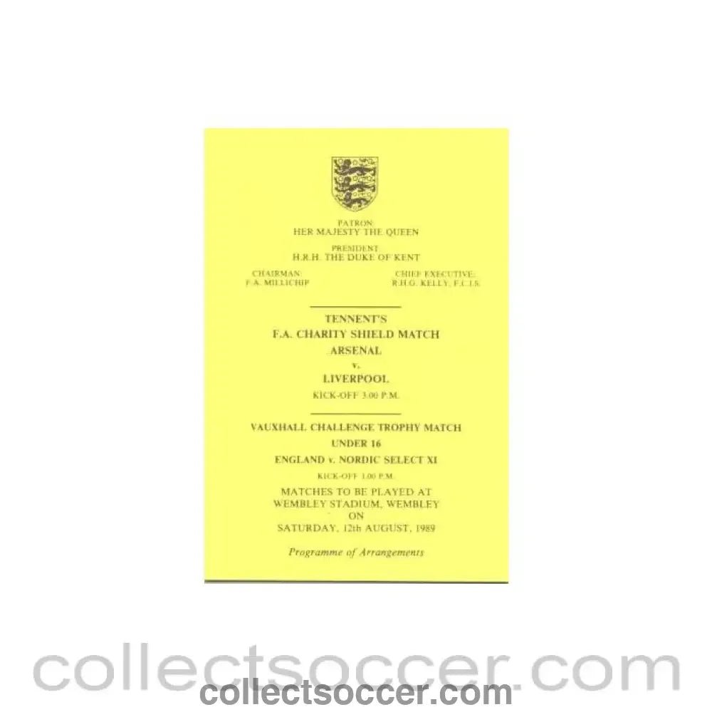 1989 Charity Shield Arsenal v Liverpool Programme of Arrangements for the Royal Box - Collect Soccer
