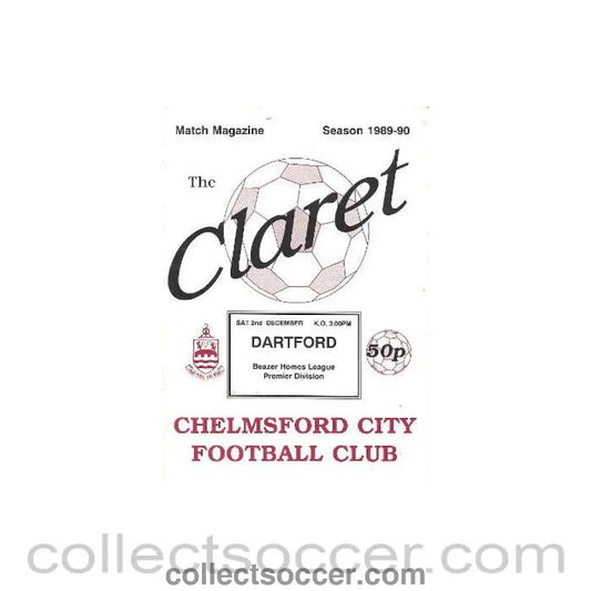 1989 - Chelmsford v Dartford official programme 02/12/1989 Beazer Homes League Premier Division