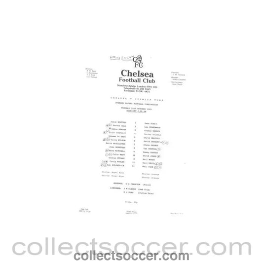 1989 - Chelsea v Ipswich Reserves official teamsheet 31/10/1989 Football Combination - Collect Soccer