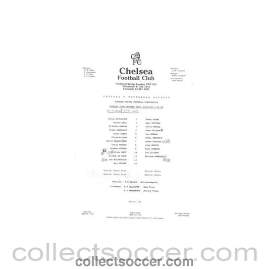 1989 - Chelsea v Tottenham Hotspur Reserves official teamsheet 17/10/1989 Football Combination - Collect Soccer