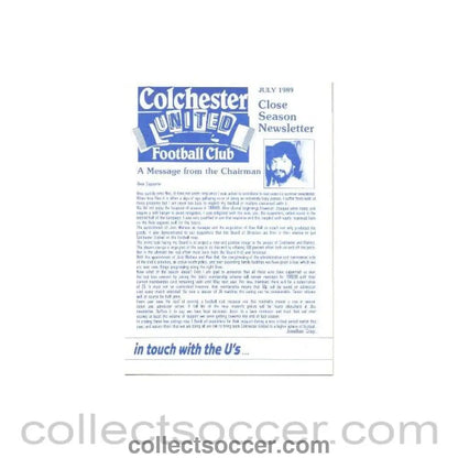 1989 - Colchester United FC Close Season Newsletter of July 1989 - Collect Soccer