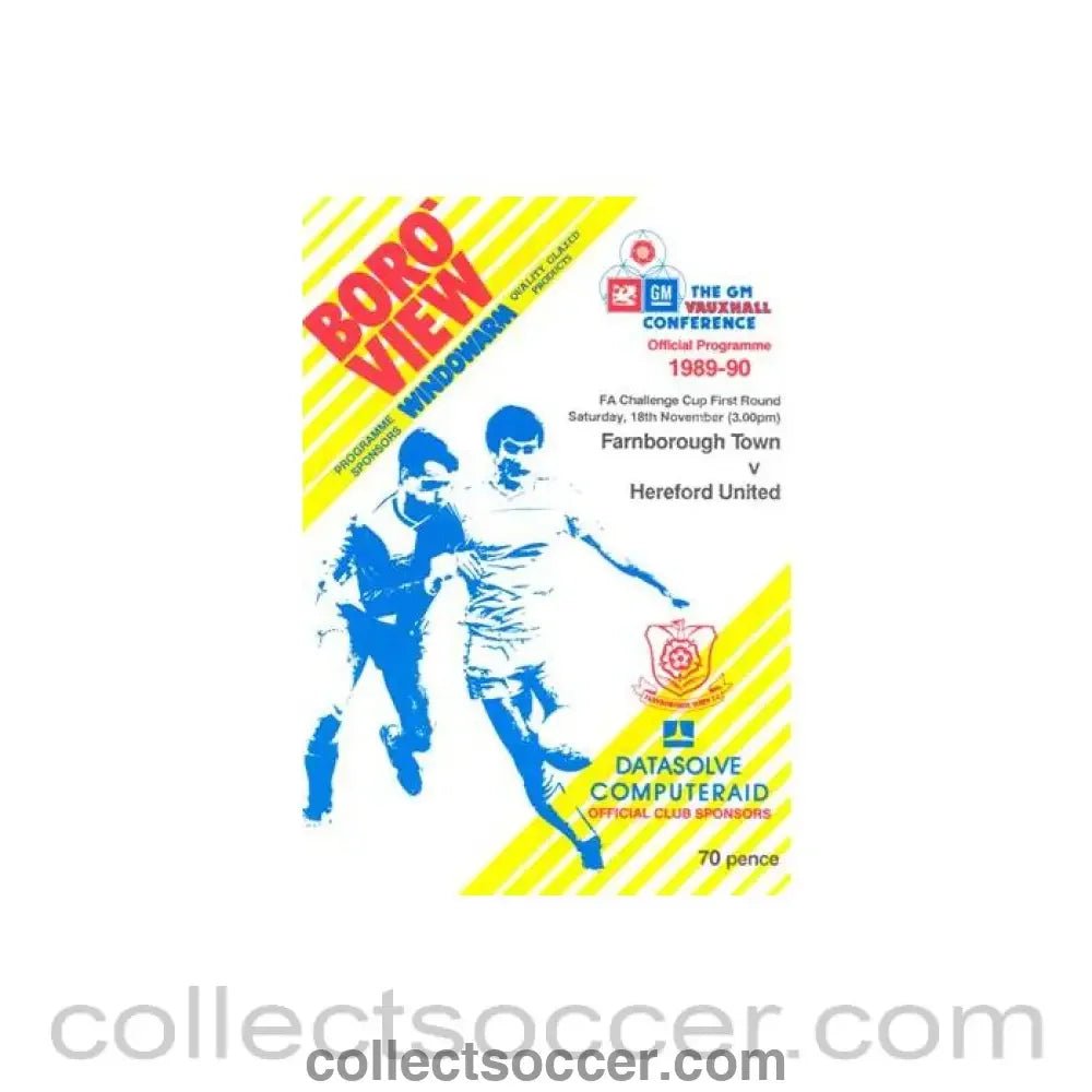 1989 - Farnborough Town v Hereford United official programme 18/11/1989 F.A. Cup - Collect Soccer