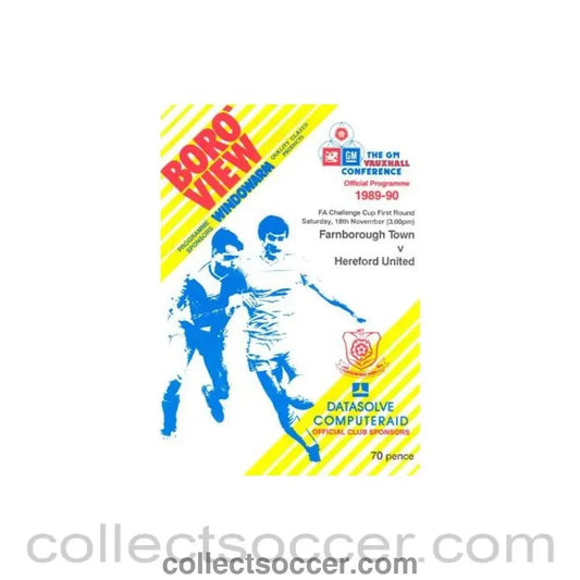 1989 - Farnborough Town v Hereford United official programme 18/11/1989 F.A. Cup - Collect Soccer
