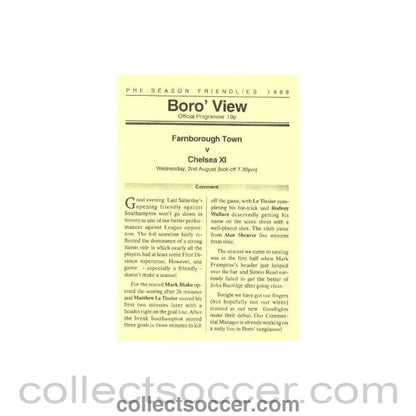 1989 - Farnborough Town vChelsea official programme 02/08/1989 - Collect Soccer