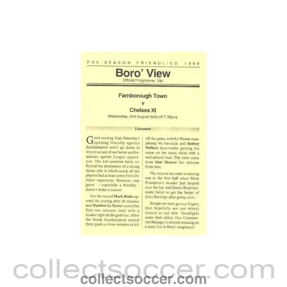 1989 - Farnborough Town vChelsea official programme 02/08/1989 - Collect Soccer