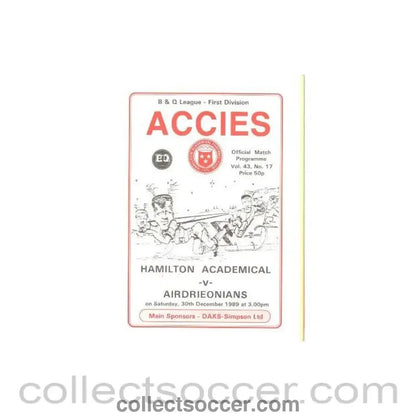 1989 - Hamilton Academical (Accies) v Airdrieonians official programme 30/12/1989 B & Q League - Collect Soccer