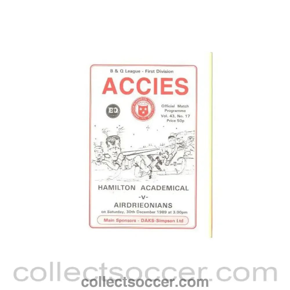 1989 - Hamilton Academical (Accies) v Airdrieonians official programme 30/12/1989 B & Q League - Collect Soccer