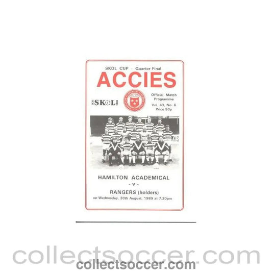 1989 - Hamilton Academical (Accies) v Glasgow Rangers official programme 30/08/1989 Skol Cup - Collect Soccer