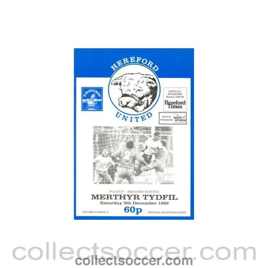 1989 - Hereford United v Merthyr Tydfil official programme 09/12/1989 F.A. Cup - Collect Soccer