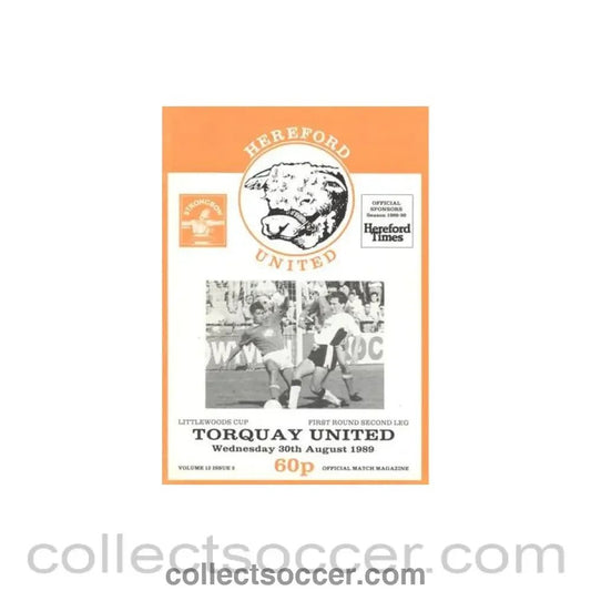 1989 - Hereford United v Torquay United official programme 30/08/1989 Littlewoods Cup - Collect Soccer