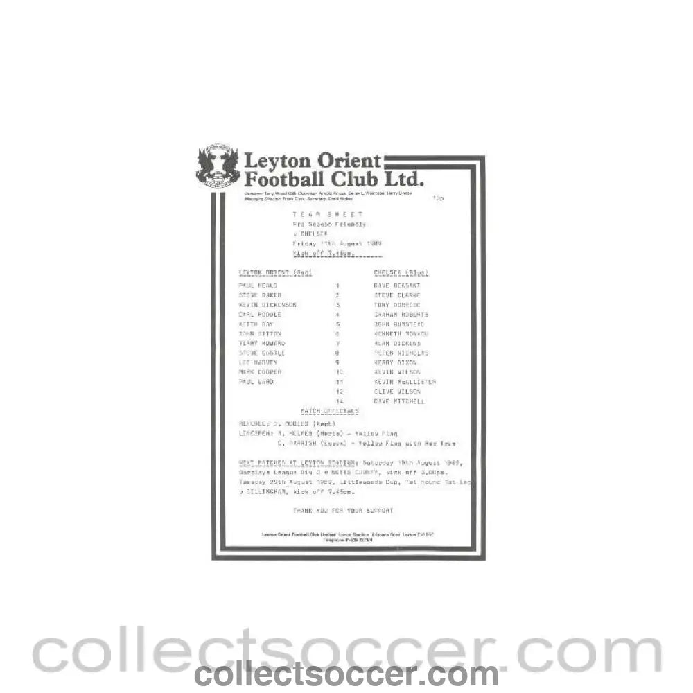 1989 - Leyton Orient vChelsea official programme 11/08/1989